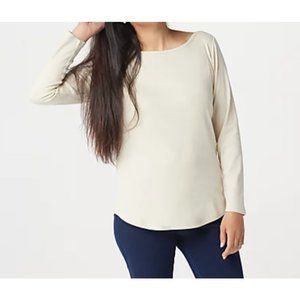 Denim & Co. Interlock Boat neckline curved hem 3/4-Sleeve Top Natural Size XL